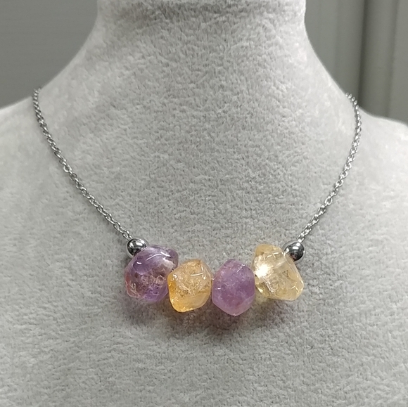 Citrine Amethyst Necklace Natural Gemstone Crystal Pendant Stainless-Steel 19.5" - Picture 5 of 11